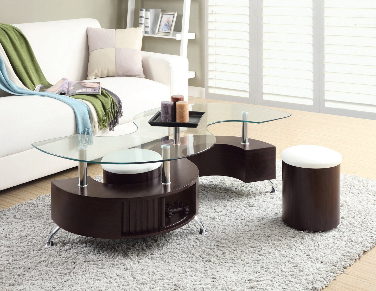Savon 52.5" Modern S-shaped 3-Pack Coffee + 2 Ottomans with Storage and Shelf - Dark Walnut Wood and Chrome |Ensemble 3 articles modernes en forme de S Savon de 52,5 po (table à café et 2 poufs) avec rangement et tablette - bois noyer foncé et chrome