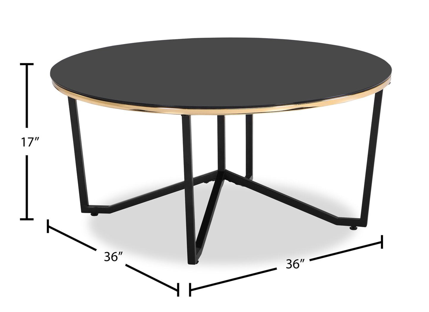 Xander 36" Modern Round Glass Top Coffee Table - Black and Gold with Metal Legs|Table à café ronde moderne Xander de 36 po avec dessus en verre - noire et dorée avec pattes en métal