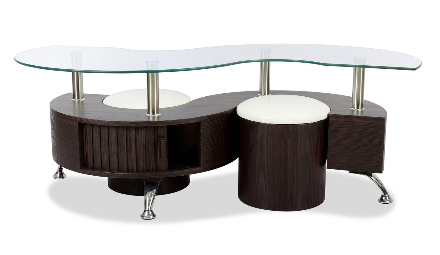 Savon 52.5" Modern S-shaped 3-Pack Coffee + 2 Ottomans with Storage and Shelf - Dark Walnut Wood and Chrome |Ensemble 3 articles modernes en forme de S Savon de 52,5 po (table à café et 2 poufs) avec rangement et tablette - bois noyer foncé et chrome