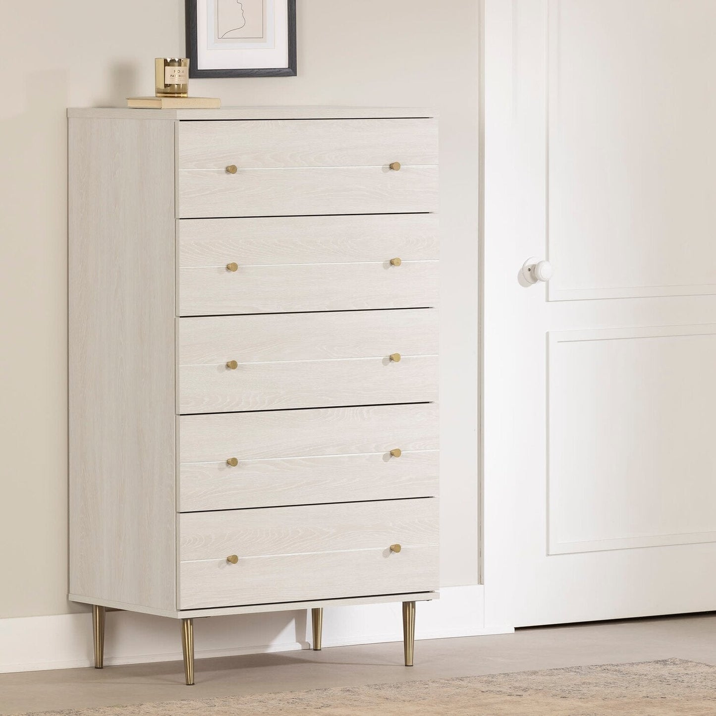 Lake Bedroom Chest of Drawers, 5-Drawer, 29"W x 52"H, Made in Canada, Glam - White | Commode verticale somptueuse Lake de 29 po (L) x 52 po (H) à 5 tiroirs pour la chambre à coucher, fabriquée au Canada - blanche