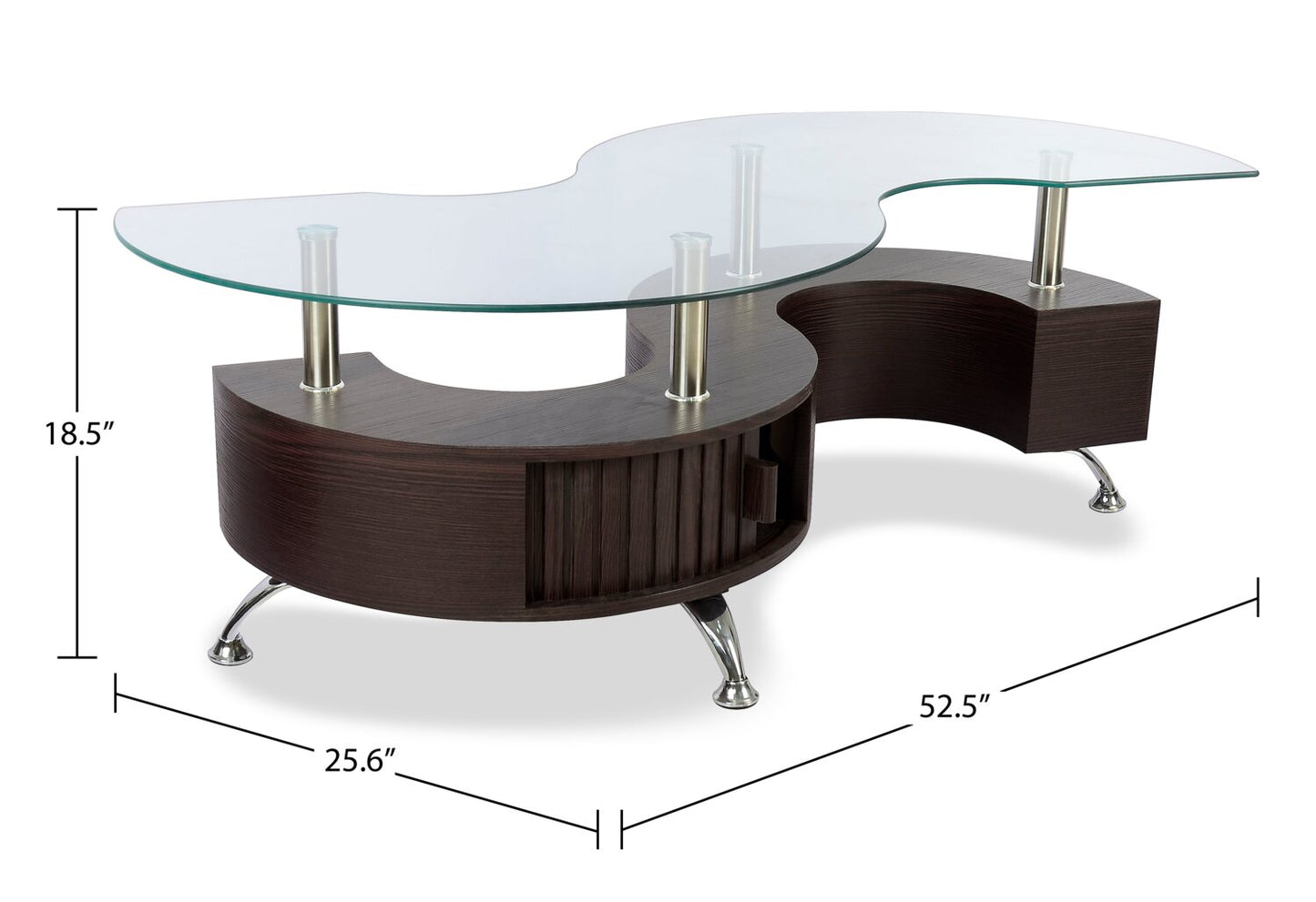 Savon 52.5" Modern S-shaped 3-Pack Coffee + 2 Ottomans with Storage and Shelf - Dark Walnut Wood and Chrome |Ensemble 3 articles modernes en forme de S Savon de 52,5 po (table à café et 2 poufs) avec rangement et tablette - bois noyer foncé et chrome