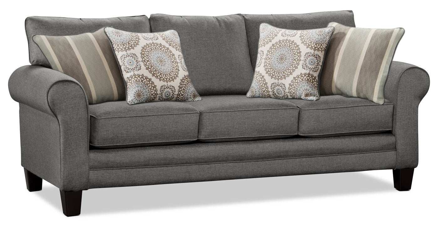 Made in Canada Tula 88" Fabric Sofa with Rolled Arms and Accent Pillows - Steel Grey | Sofa Tula de 88 po fabriqué au Canada en tissu avec accoudoirs enroulés et coussins décoratifs - gris acier