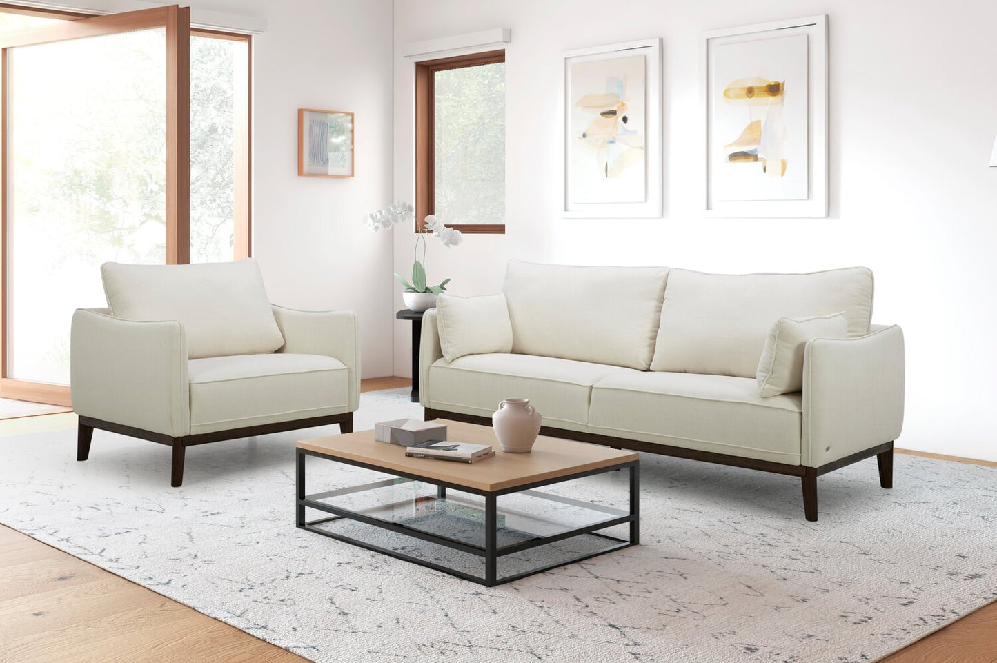 Cindy Crawford Home Gena 78.7" Linen-Look Fabric Condo Size Sofa with Removable Back Cushions - Cotton White | Sofa Gena de Cindy Crawford Home de 78,7 po de format condo en tissu d’apparence lin avec coussins de dossier amovibles - blanc coton