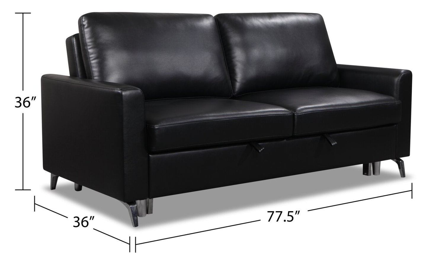 Wilson 77.5" Leather-Look Fabric Sleeper Sofa with Drop-Down Back Cushions and Metal Legs - Black | Sofa-lit Wilson de 77,5 po en tissu d’apparence cuir avec coussins de dossier rabattables et pattes en métal - noir
