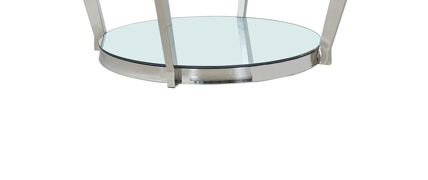 Yonge 36" Modern Round Glass Top Coffee Table with Shelf - Chrome Finish with Stainless Steel | Table à café ronde moderne Yonge de 36 po avec dessus en verre et tablette - fini chromé avec acier inoxydable
