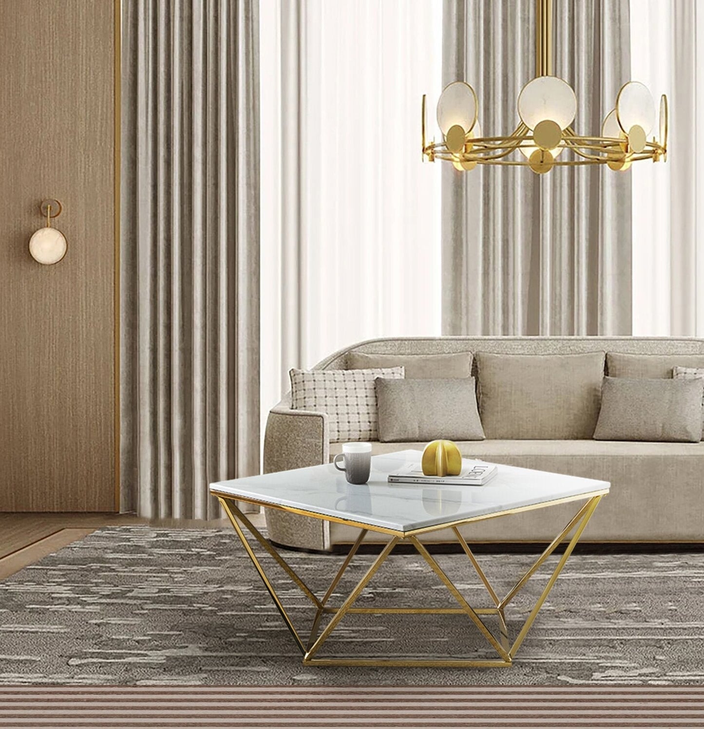 Amanda 31.5" Modern Square Coffee Table - White Marble Top with Gold Metal Base | Table à café carrée moderne Amanda de 31,5 po - dessus en marbre blanc avec base en métal doré