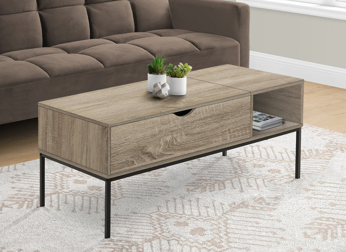 Bence 42" Modern Lift Top Coffee Table with Storage - Taupe with Black Metal Legs|Table à café moderne Bence de 42 po avec dessus relevable et rangement - taupe avec pattes en métal noir