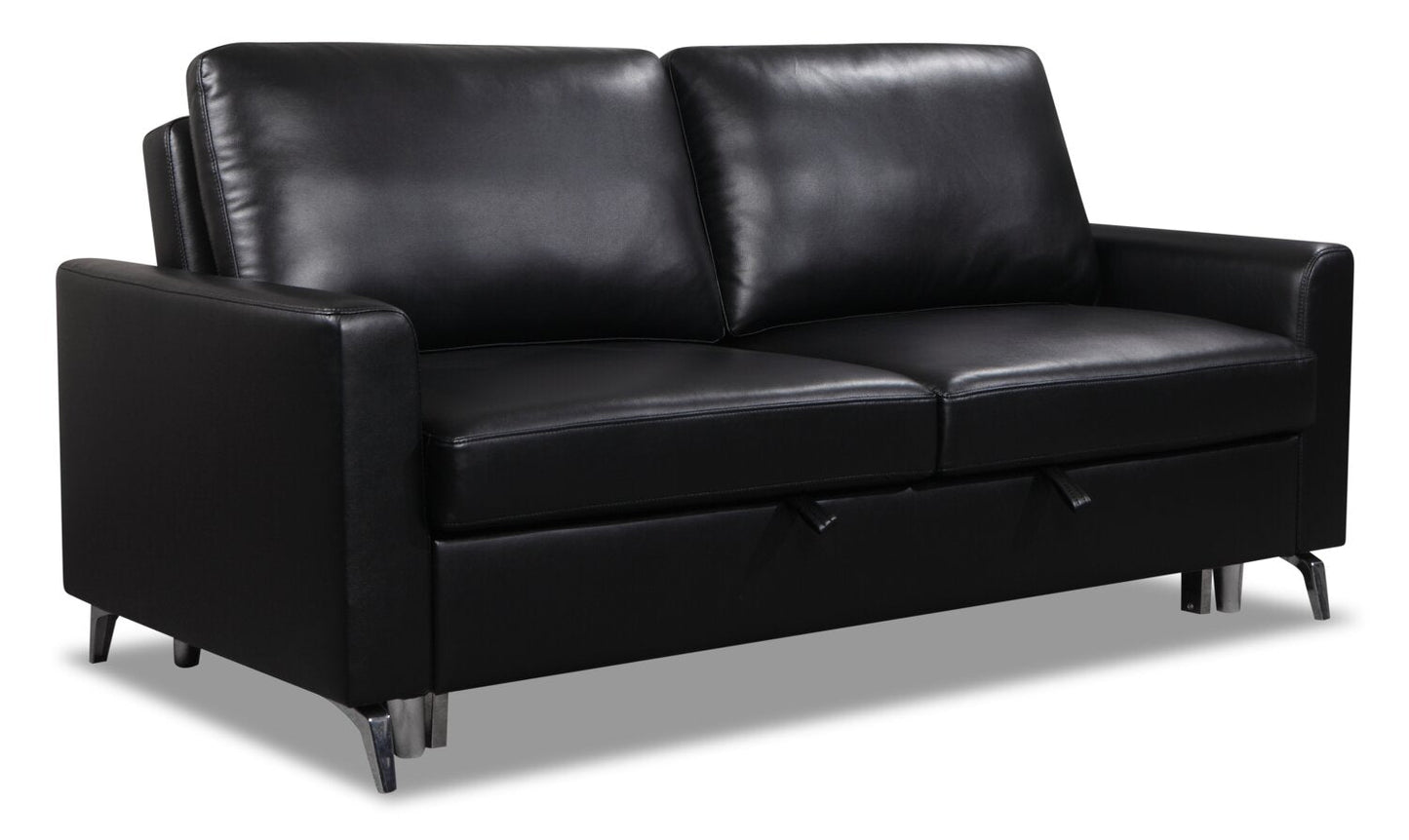 Wilson 77.5" Leather-Look Fabric Sleeper Sofa with Drop-Down Back Cushions and Metal Legs - Black | Sofa-lit Wilson de 77,5 po en tissu d’apparence cuir avec coussins de dossier rabattables et pattes en métal - noir
