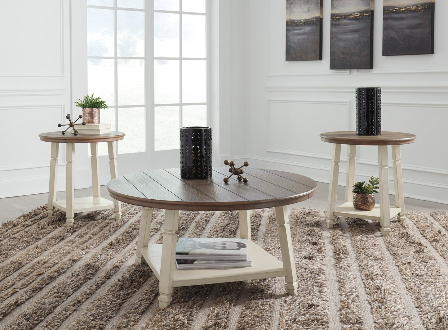 Bolanbrook 40" Rustic Round 3-Pack Coffee + 2 End Tables with Shelf - Two Tone Wood|Ensemble 3 tables rondes rustiques Bolanbrook de 40 po (table à café et 2 tables de bout) avec tablette - bois deux teintes