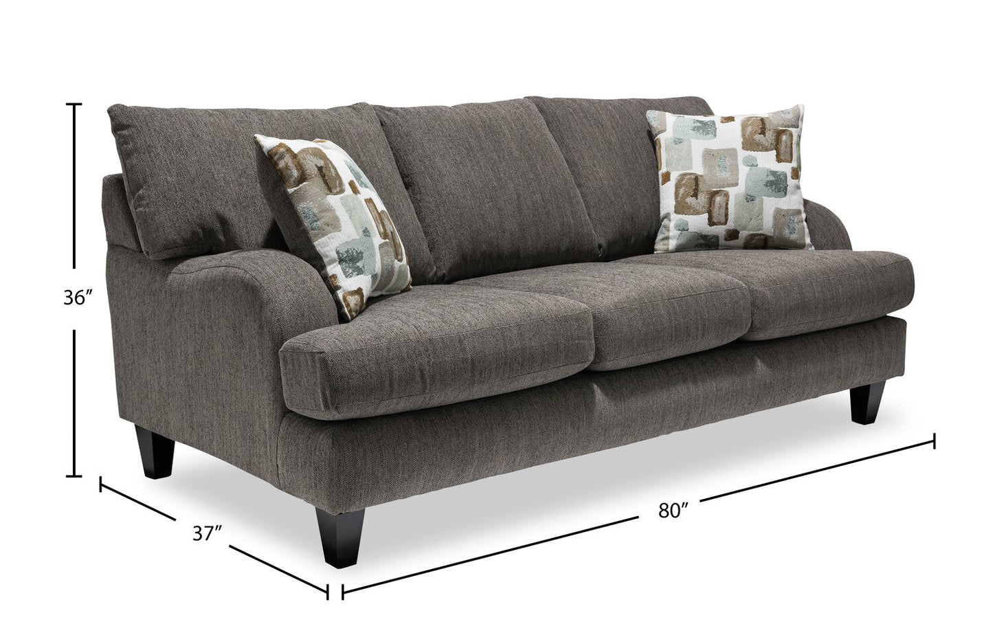 Made in Canada Nofia 80" Chenille Fabric Sofa with Two Accent Pillows and Wood Legs - Charcoal Grey | Sofa Nofia de 80 po fabriqué au Canada en tissu de chenille avec 2 coussins décoratifs et pattes en bois - gris anthracite