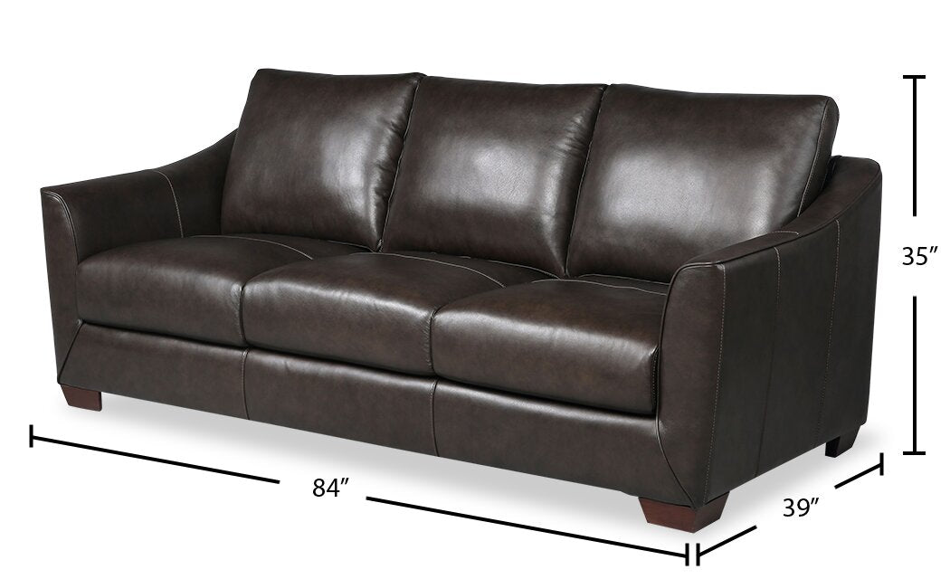 Cindy Crawford Home Royce 84" Genuine Leather Sofa with Removable Cushions and Wood Legs - Chocolate Brown | Sofa Royce de Cindy Crawford Home de 84 po en cuir véritable avec coussins amovibles et pattes en bois - brun chocolat