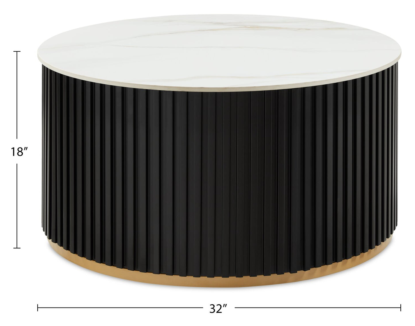 Kort & Co. Capri 32” Modern Round Coffee Table with White Sintered Stone Top and Casters - Black and Gold | Table à café ronde moderne Capri de Kort & Co. de 32 po avec dessus en pierre frittée blanche et roulettes - noire et dorée