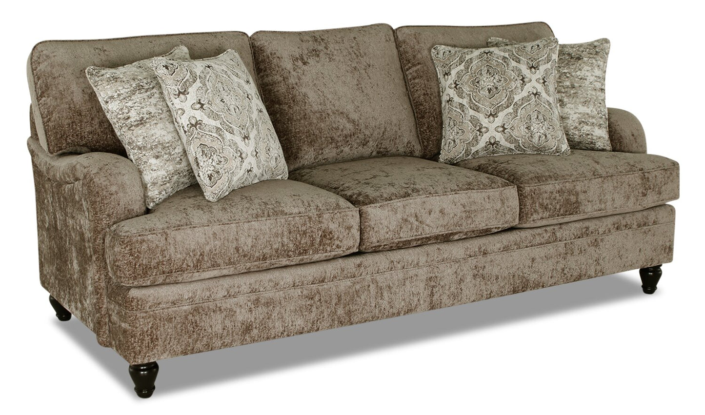 Made in Canada Bellmont 89" Chenille Fabric Sofa with Reversible Cushions and Wood Legs - Toffee Brown | Sofa Bellmont de 89 po fabriqué au Canada en tissu de chenille avec coussins réversibles et pattes en bois - brun caramel