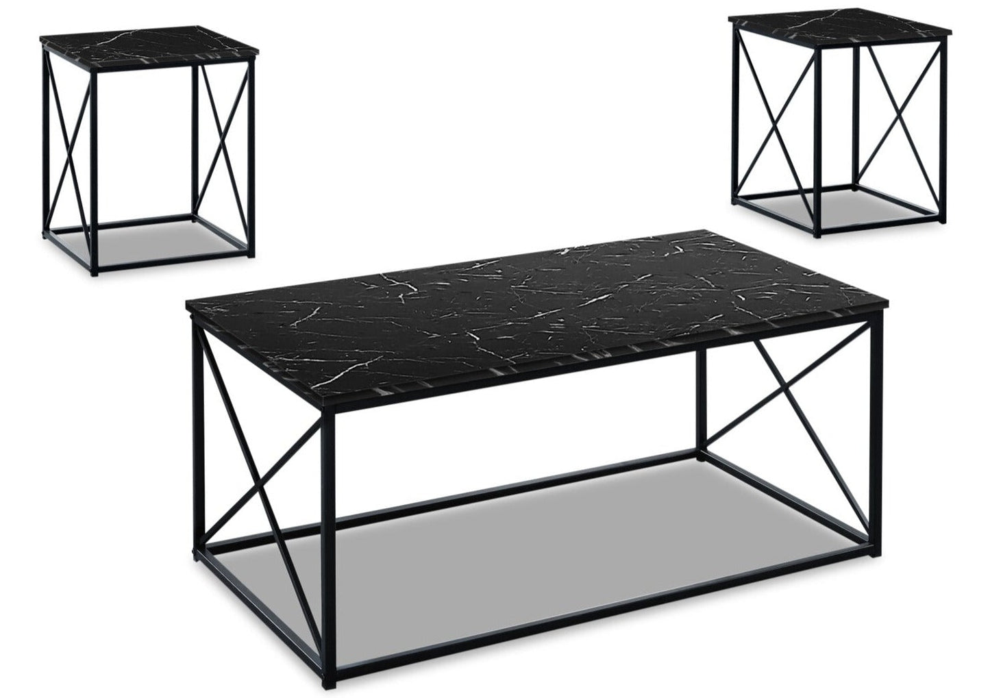 Kasey 42.25" Modern 3-Pack Coffee + 2 End Tables - Black Marble Look with Black Metal Base|Ensemble 3 tables modernes Kasey de 42,25 po (table à café et 2 tables de bout) - imitation de marbre noir avec base en métal noir