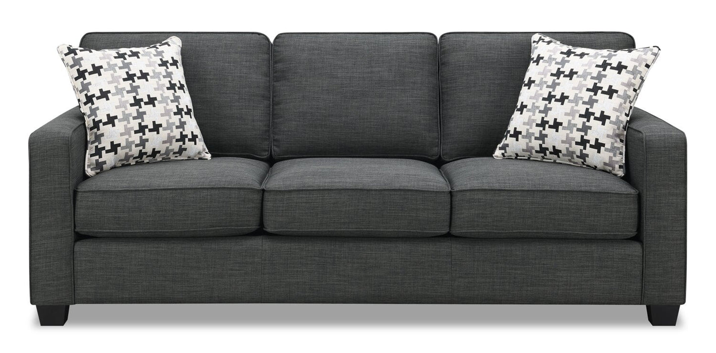 Made in Canada Sawyer 83" Linen-Look Fabric Sofa with Reversible Cushions and Accent Pillows - Charcoal Grey | Sofa Sawyer de 83 po fabriqué au Canada en tissu d’apparence lin avec coussins réversibles et coussins décoratifs - gris anthracite