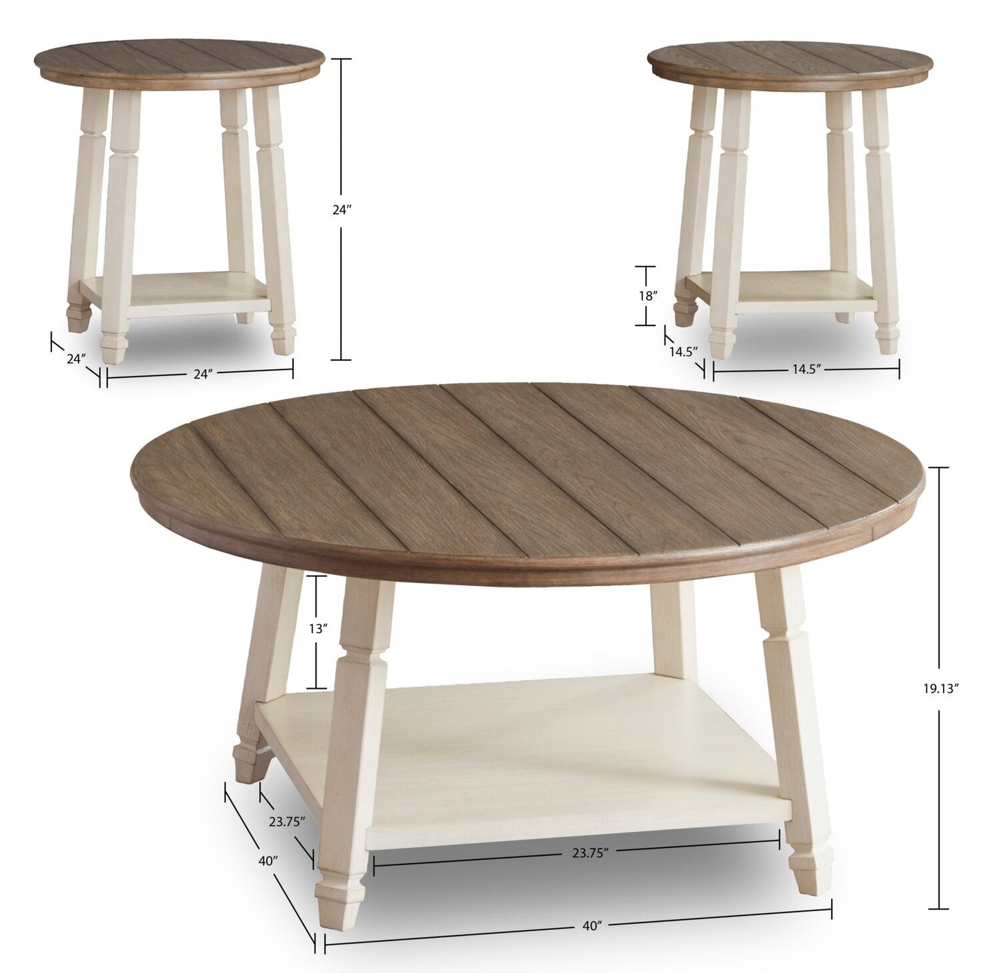 Bolanbrook 40" Rustic Round 3-Pack Coffee + 2 End Tables with Shelf - Two Tone Wood|Ensemble 3 tables rondes rustiques Bolanbrook de 40 po (table à café et 2 tables de bout) avec tablette - bois deux teintes