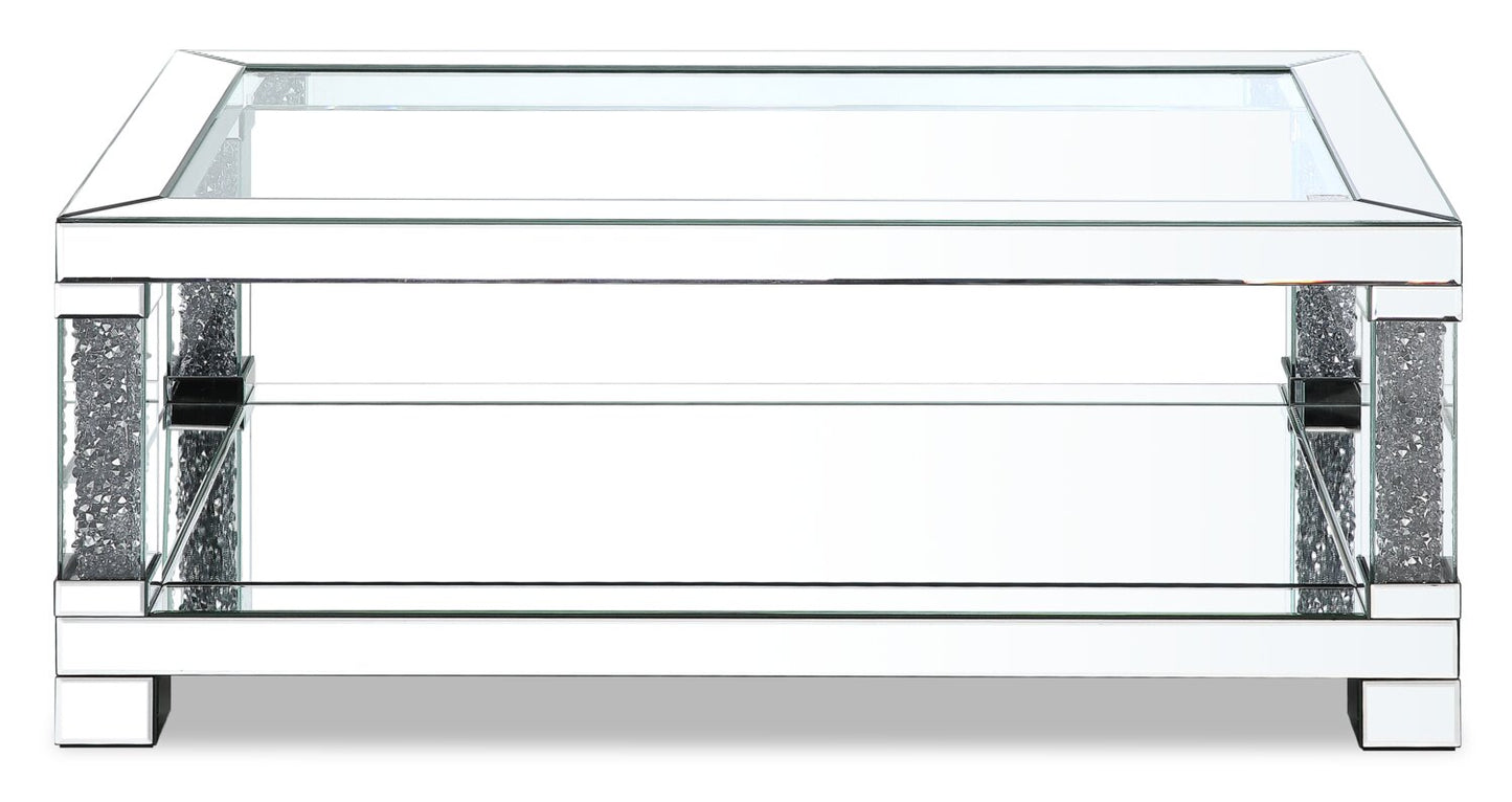 Berni 47.2" Glam Mirror & Glass Top Coffee Table with Shelf - Silver Metal with Diamond Look Legs|Table à café somptueuse Berni de 47,2 po avec dessus en miroir et en verre et tablette - métal argenté avec pattes à apparence de diamant