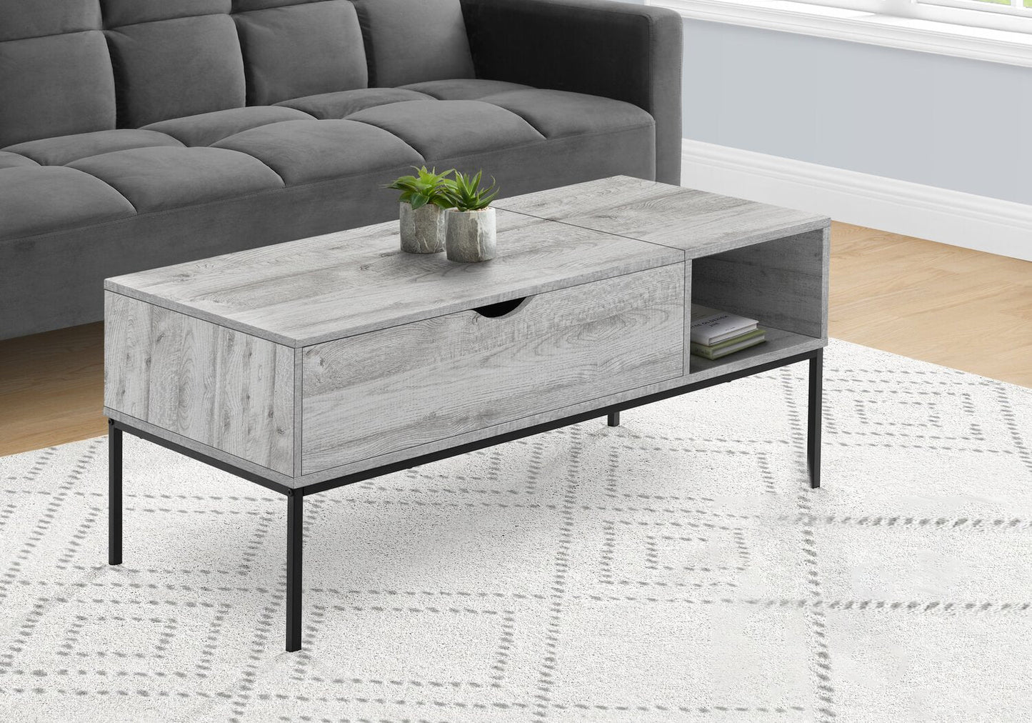 Bence 42" Modern Lift Top Coffee Table with Storage - Taupe with Black Metal Legs|Table à café moderne Bence de 42 po avec dessus relevable et rangement - taupe avec pattes en métal noir