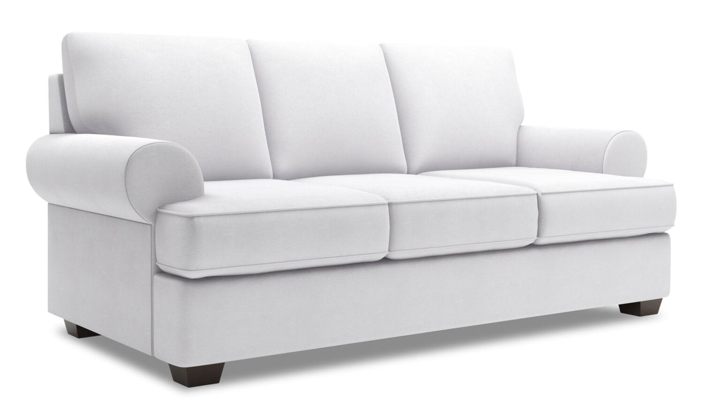 Made in Canada Customizable Sofa Lab Roll 86" Linen-Look Fabric Sofa with Rolled Arms - Pax Ice White | Sofa Roll de Sofa Lab de 86 po fabriqué au Canada en tissu d’apparence lin avec accoudoirs enroulés - blanc Pax Ice | RO103449