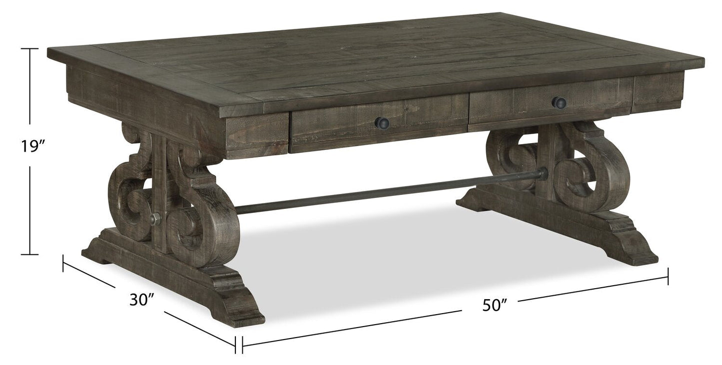 Bellamy 50" Traditional Coffee Table with Storage - Dark Brown Pine with Scroll Design Wood Base|Table à café traditionnelle Bellamy de 50 po avec rangement - pin brun foncé avec base en bois à volutes