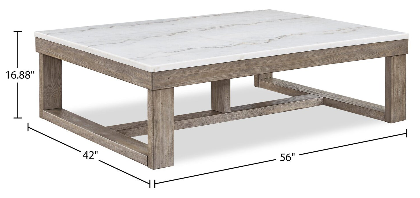 Corsa 56" Modern Coffee Table - Marble Top with Grey Brown Wood Base|Table à café moderne Corsa de 56 po - dessus en marbre avec base en bois gris-brun