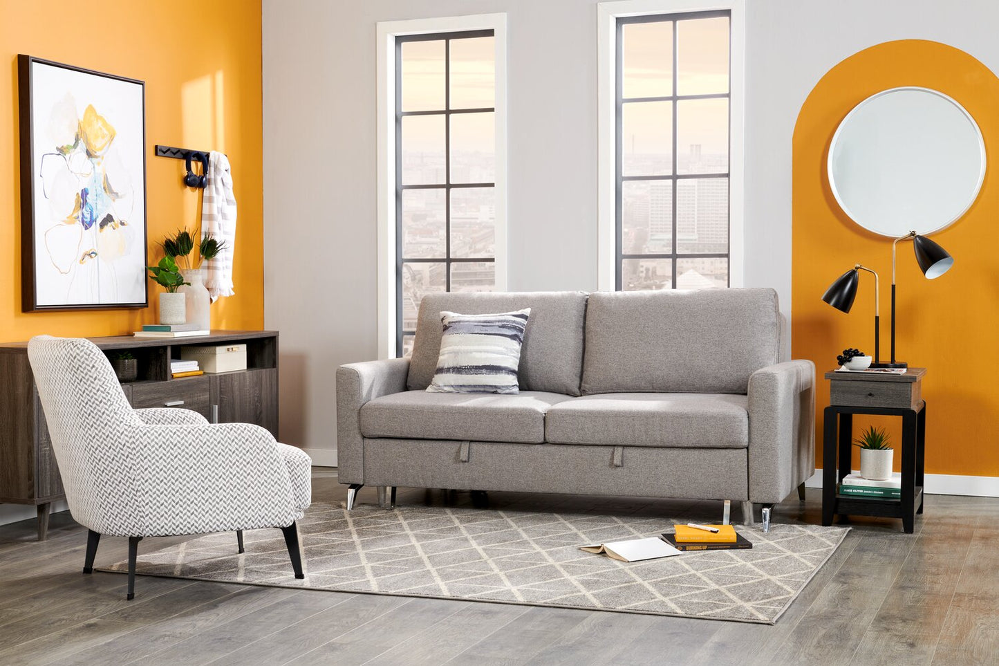 Wilson 77.5" Linen-Look Fabric Sleeper Sofa with Drop-Down Back Cushions and Metal Legs - Solis Grey | Sofa-lit Wilson de 77,5 po en tissu d’apparence lin avec coussins de dossier rabattables et pattes en métal - gris Solis