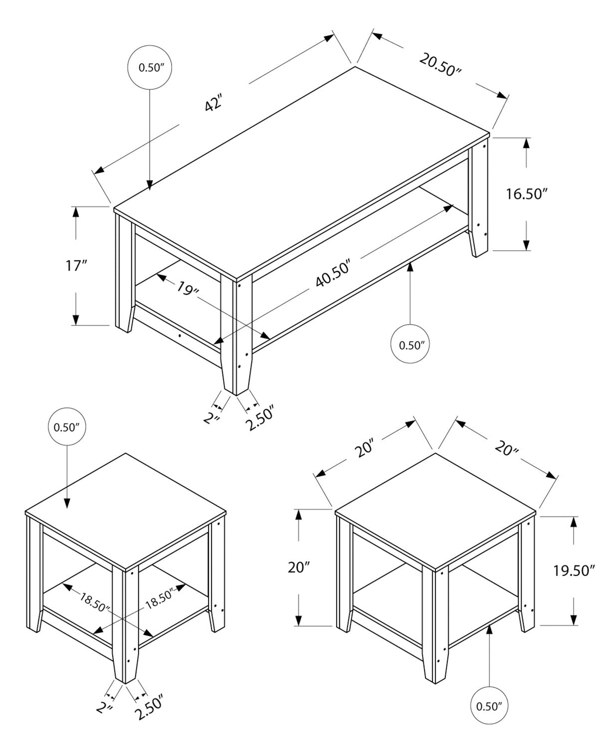 Lincoln 42" Traditional 3-Pack Coffee + 2 End Tables with Shelf - Black Brown |Ensemble 3 tables traditionnelles Lincoln de 42 po (table à café et 2 tables de bout) avec tablette - brun-noir