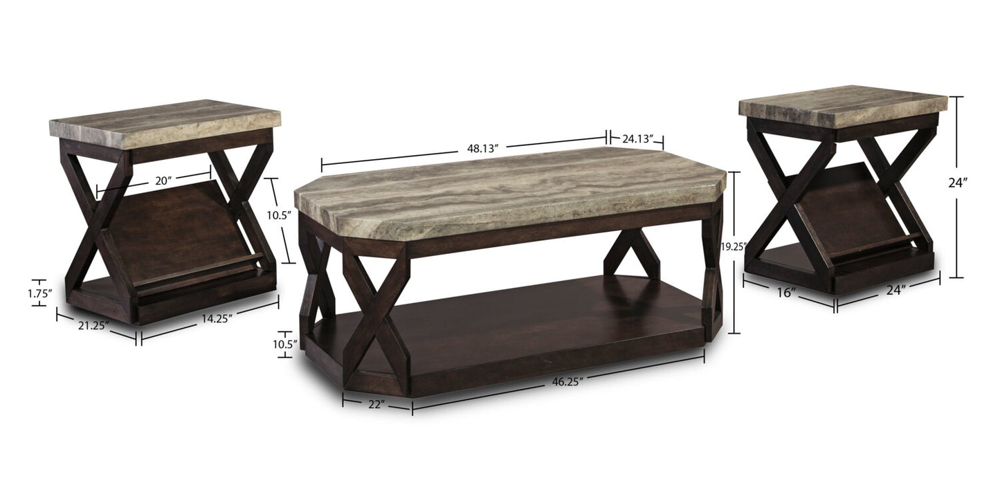 Radilyn 48.13" Traditional 3-Pack Coffee + 2 End Tables with Shelf and Casters - Faux Marble Top wit|Ensemble 3 tables traditionnelles Radilyn de 48,13 po (table à café et 2 tables de bout) avec tablet