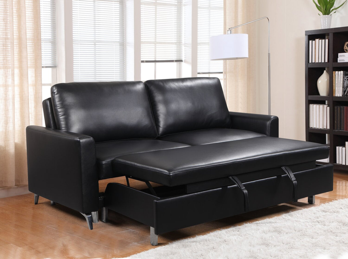 Wilson 77.5" Leather-Look Fabric Sleeper Sofa with Drop-Down Back Cushions and Metal Legs - Black | Sofa-lit Wilson de 77,5 po en tissu d’apparence cuir avec coussins de dossier rabattables et pattes en métal - noir