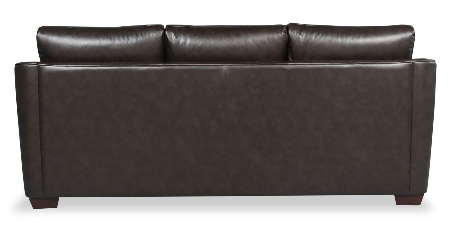 Cindy Crawford Home Royce 84" Genuine Leather Sofa with Removable Cushions and Wood Legs - Chocolate Brown | Sofa Royce de Cindy Crawford Home de 84 po en cuir véritable avec coussins amovibles et pattes en bois - brun chocolat
