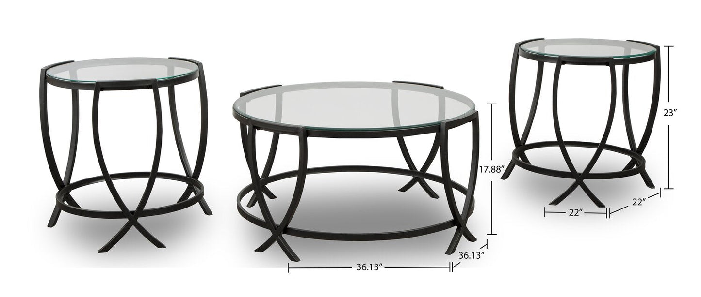 Tarrin 36.13" Modern Round 3-Pack Coffee + 2 End Tables - Glass Top with Metal Legs|Ensemble 3 tables rondes modernes Tarrin de 36,13 po (table à café et 2 tables de bout) - dessus en verre avec pattes en métal