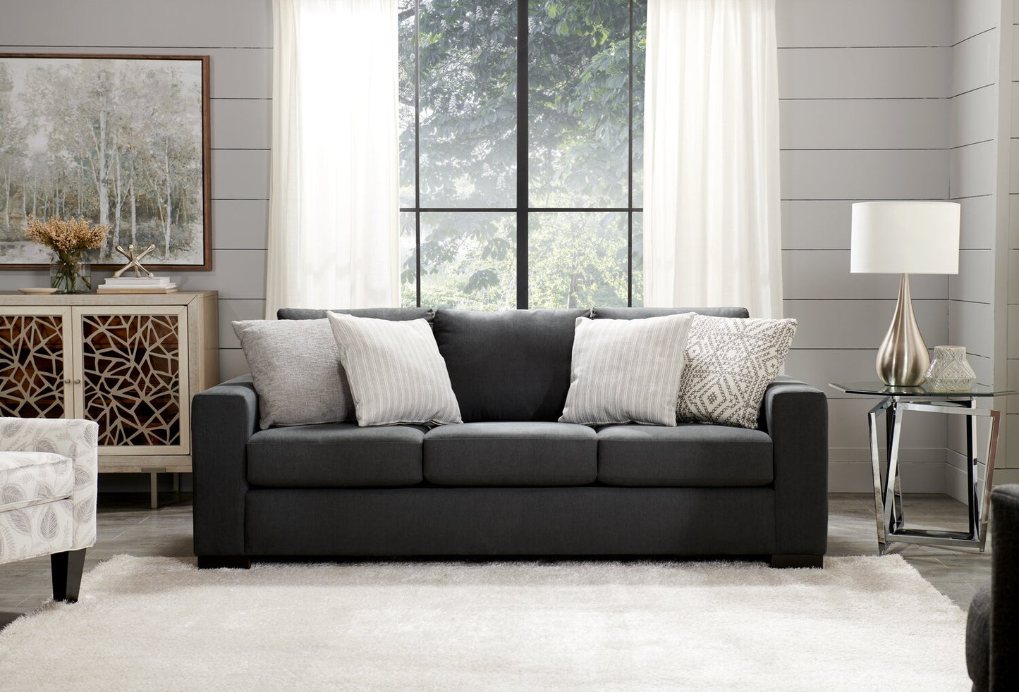 Made in Canada Customizable Sofa Lab Track 85" Linen-Look Fabric Sofa with Track Arms - Pax Pepper Grey | Sofa Track de Sofa Lab de 85 po fabriqué au Canada en tissu d’apparence lin avec accoudoirs rectilignes - gris Pax Pepper | TR102949