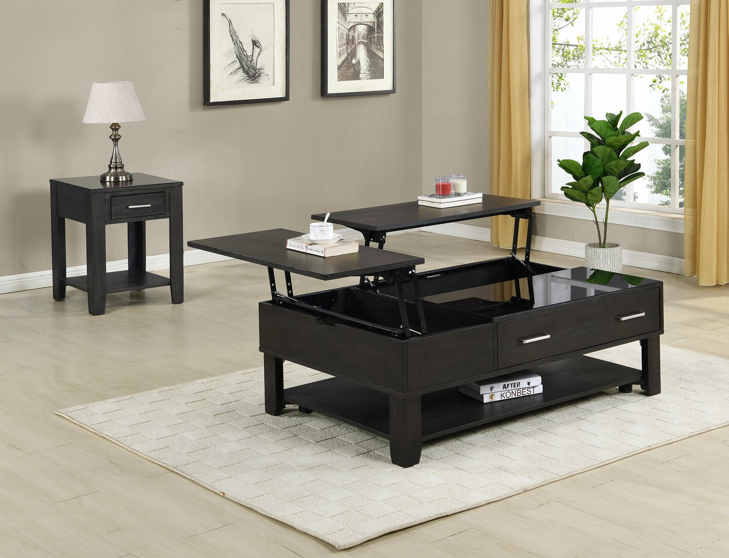 Landon 48" Modern Lift Top Coffee Table With Storage, Shelf and Casters - Dark Brown |Table à café moderne Landon de 48 po avec dessus relevable, rangement, tablette et roulettes - brun foncé