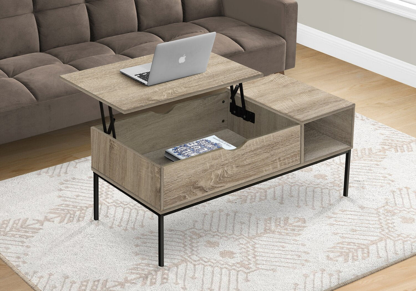 Bence 42" Modern Lift Top Coffee Table with Storage - Taupe with Black Metal Legs|Table à café moderne Bence de 42 po avec dessus relevable et rangement - taupe avec pattes en métal noir