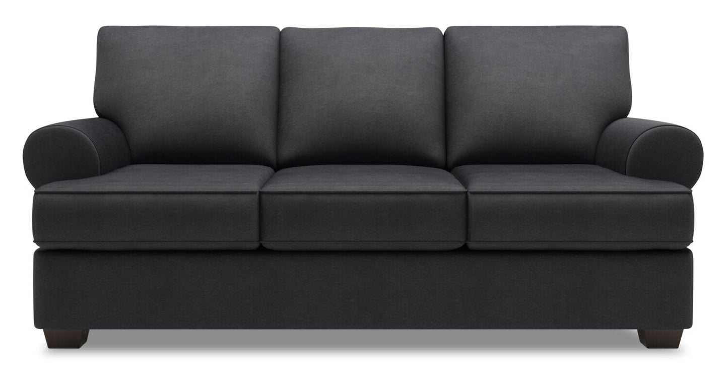 Made in Canada Customizable Sofa Lab Roll 86" Linen-Look Fabric Sofa with Rolled Arms - Pax Pepper Grey | Sofa Roll de Sofa Lab de 86 po fabriqué au Canada en tissu d’apparence lin avec accoudoirs enroulés - gris Pax Pepper | RO102949