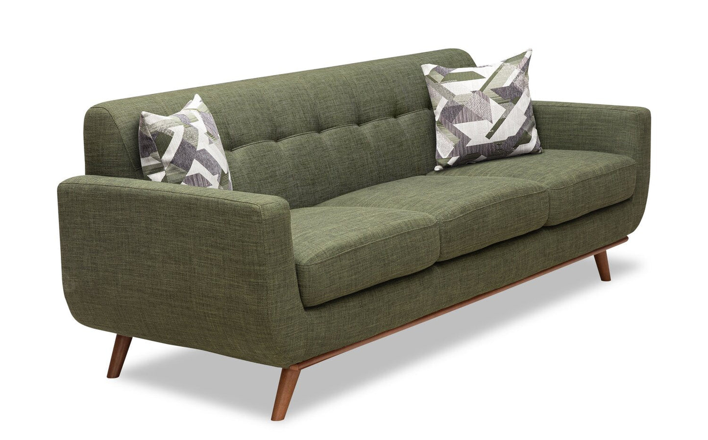 Kort & Co. Freeman 88" Linen-Look Fabric Sofa with Wood Base and Tufted Back Cushions - Avocado Green | Sofa Freeman Kort & Co. de 88 po en tissu d’apparence lin avec pattes en bois et coussins de dossier capitonnés - vert avocat