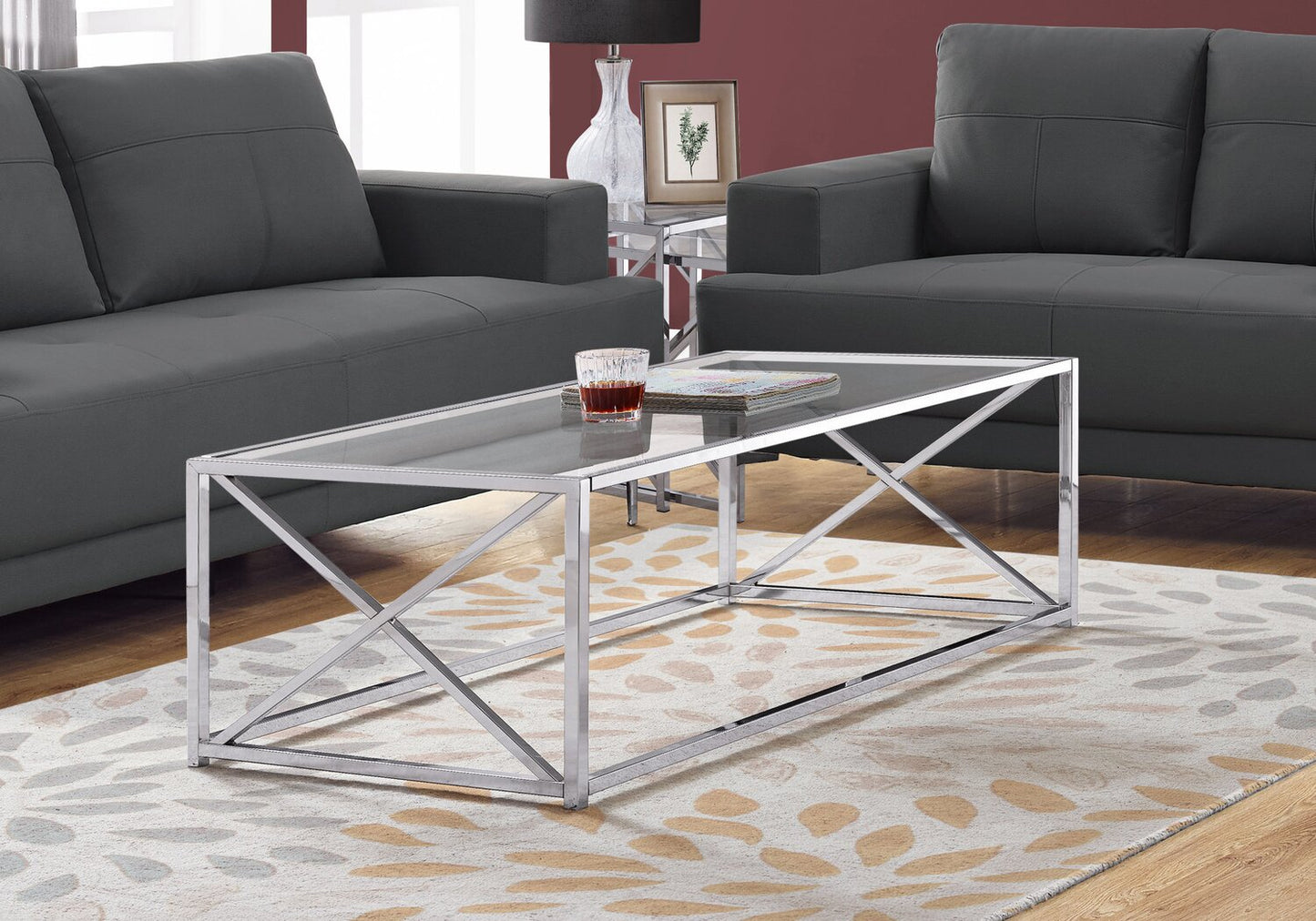 Coral 44" Modern Glass Top Coffee Table - Chrome with Metal Base|Table à café moderne Coral de 44 po avec dessus en verre - chromée avec base en métal