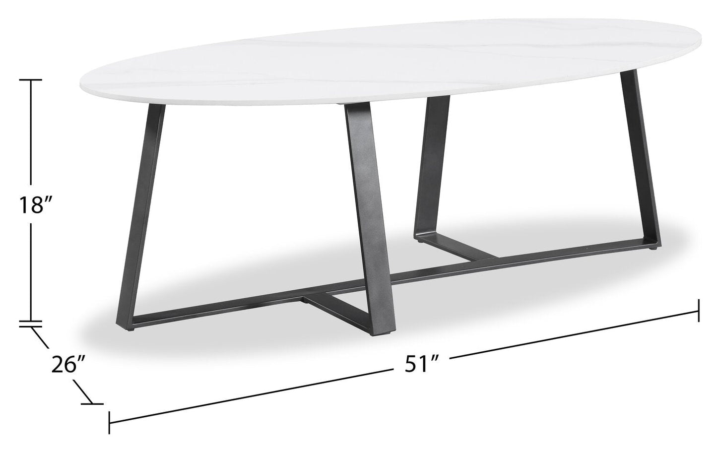 Kort & Co. Nico 51" Modern Oval Coffee Table - White Sinetered Stone with Dark Grey Metal Legs|Table à café ovale moderne Nico de Kort & Co. de 51 po - pierre frittée blanche avec pattes en métal gris foncé
