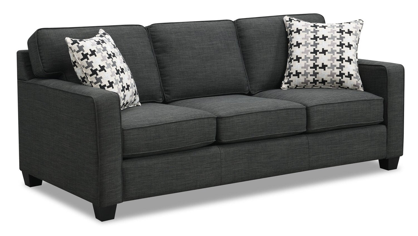 Made in Canada Sawyer 83" Linen-Look Fabric Sofa with Reversible Cushions and Accent Pillows - Charcoal Grey | Sofa Sawyer de 83 po fabriqué au Canada en tissu d’apparence lin avec coussins réversibles et coussins décoratifs - gris anthracite
