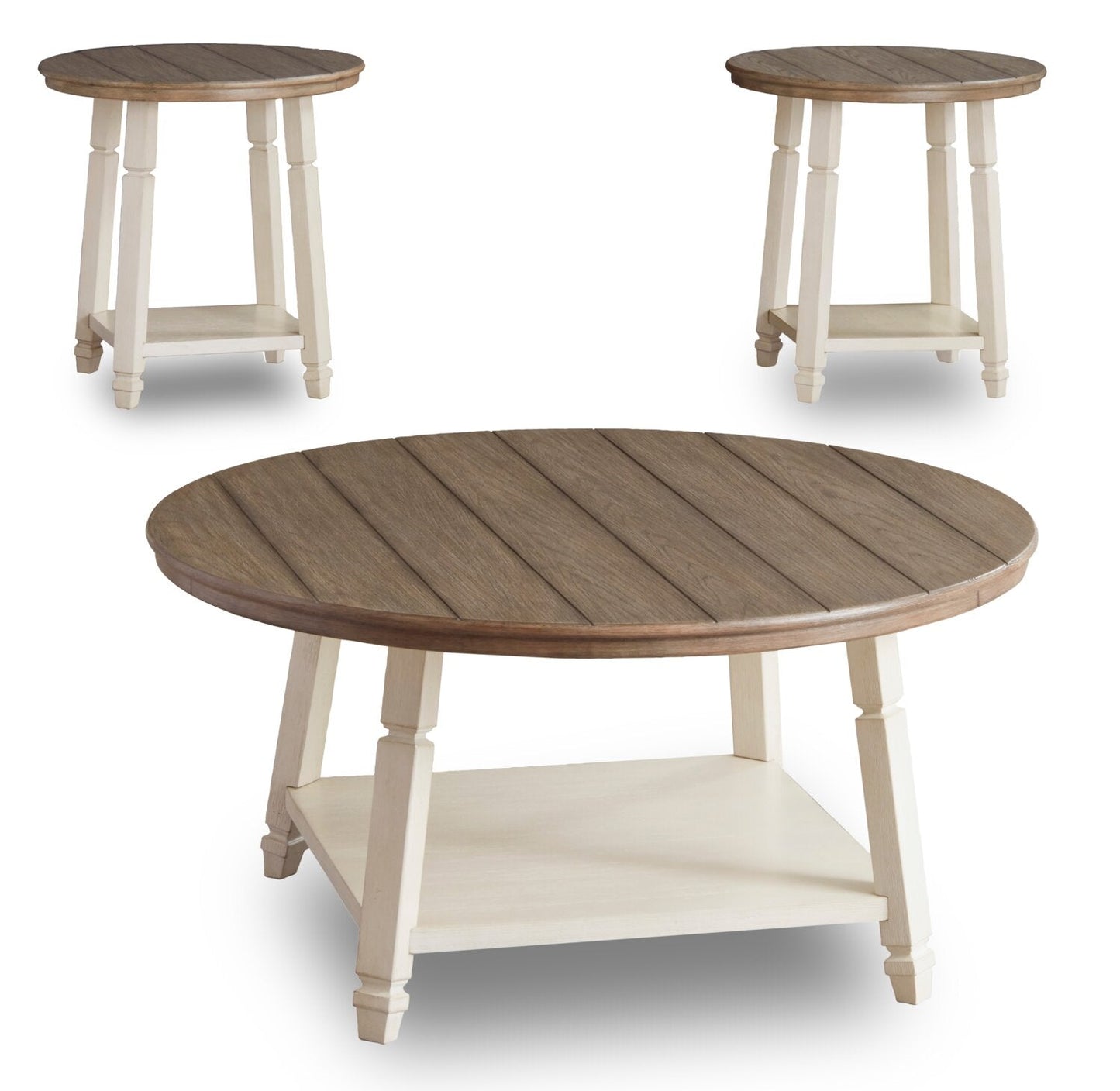 Bolanbrook 40" Rustic Round 3-Pack Coffee + 2 End Tables with Shelf - Two Tone Wood|Ensemble 3 tables rondes rustiques Bolanbrook de 40 po (table à café et 2 tables de bout) avec tablette - bois deux teintes