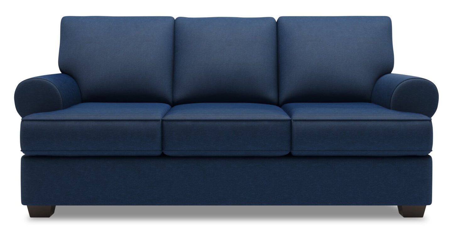 Made in Canada Customizable Sofa Lab Roll 86" Linen-Look Fabric Sofa with Rolled Arms - Pax Navy Blue | Sofa Roll de Sofa Lab de 86 po fabriqué au Canada en tissu d’apparence lin avec accoudoirs enroulés - bleu Pax Navy | RO103149