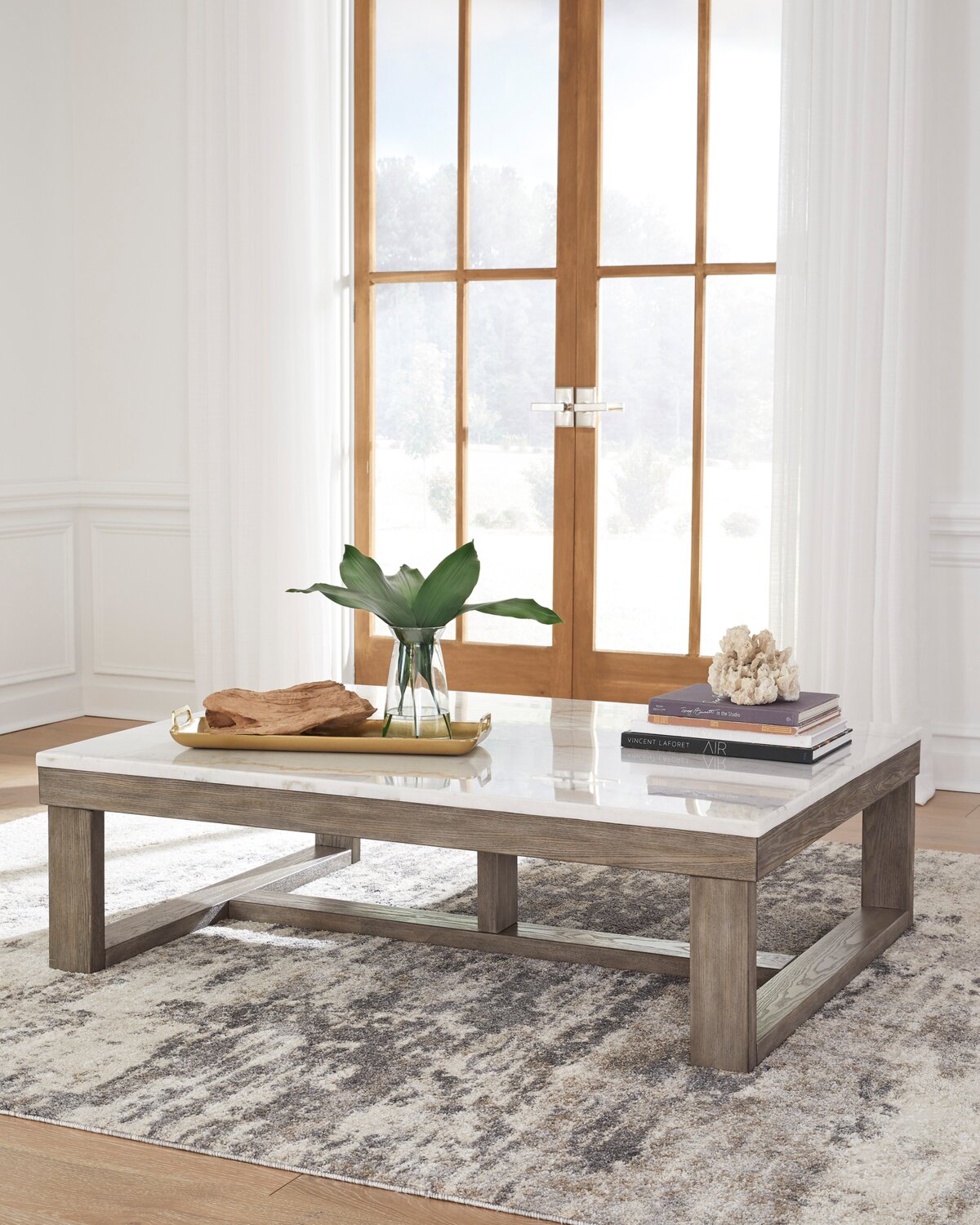 Corsa 56" Modern Coffee Table - Marble Top with Grey Brown Wood Base|Table à café moderne Corsa de 56 po - dessus en marbre avec base en bois gris-brun