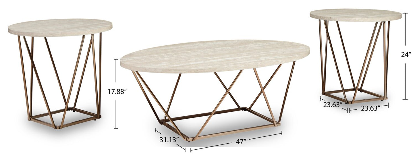 Tarica 47" Modern Oval 3-Pack Coffee + 2 End Tables - Cream and Gold with Metal Legs|Ensemble 3 tables ovales modernes Tarica de 47 po (table à café et 2 tables de bout) - crème et doré avec pattes en métal