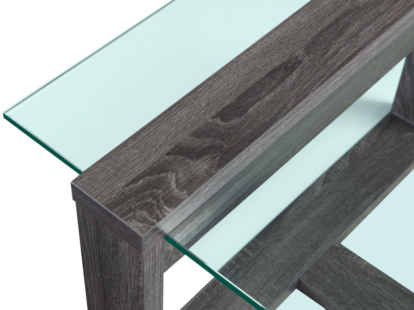 California 47.25" Modern Glass Top Coffee Table - Distressed Grey |Table à café moderne California de 47,25 po avec dessus en verre - gris vieilli