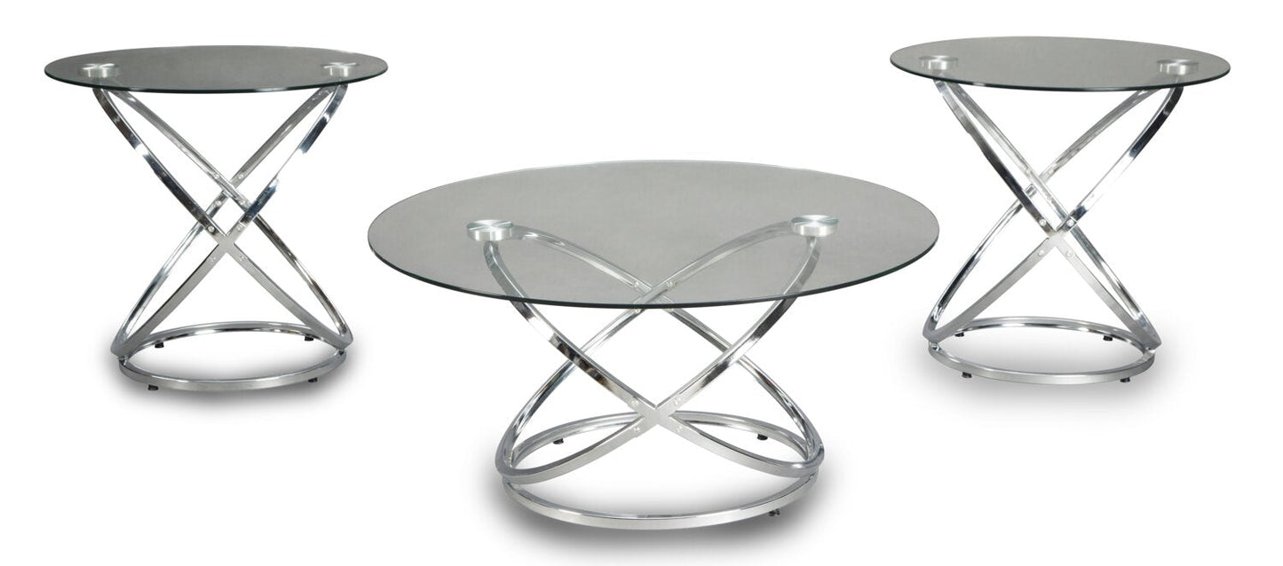 Hollynx 38" Glam Round 3-Pack Coffee + 2 End Tables - Silver Metal Base with Glass Top|Ensemble 3 tables rondes somptueuses Hollynx de 38 po (table à café et 2 tables de bout) - base en métal argenté avec dessus en verre