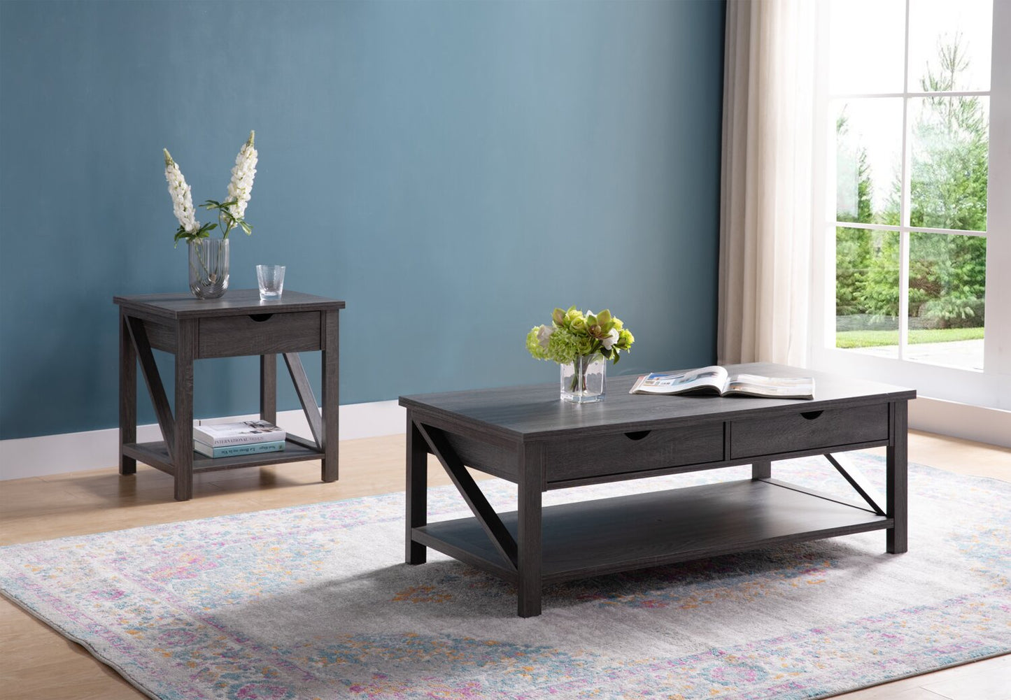 Jake 47.25" Rustic 2-Pack Coffee + End Table with Storage and Shelf - Distressed Grey |2 tables à café rustiques Jake de 47,25 po avec rangement et tablette - gris vieilli