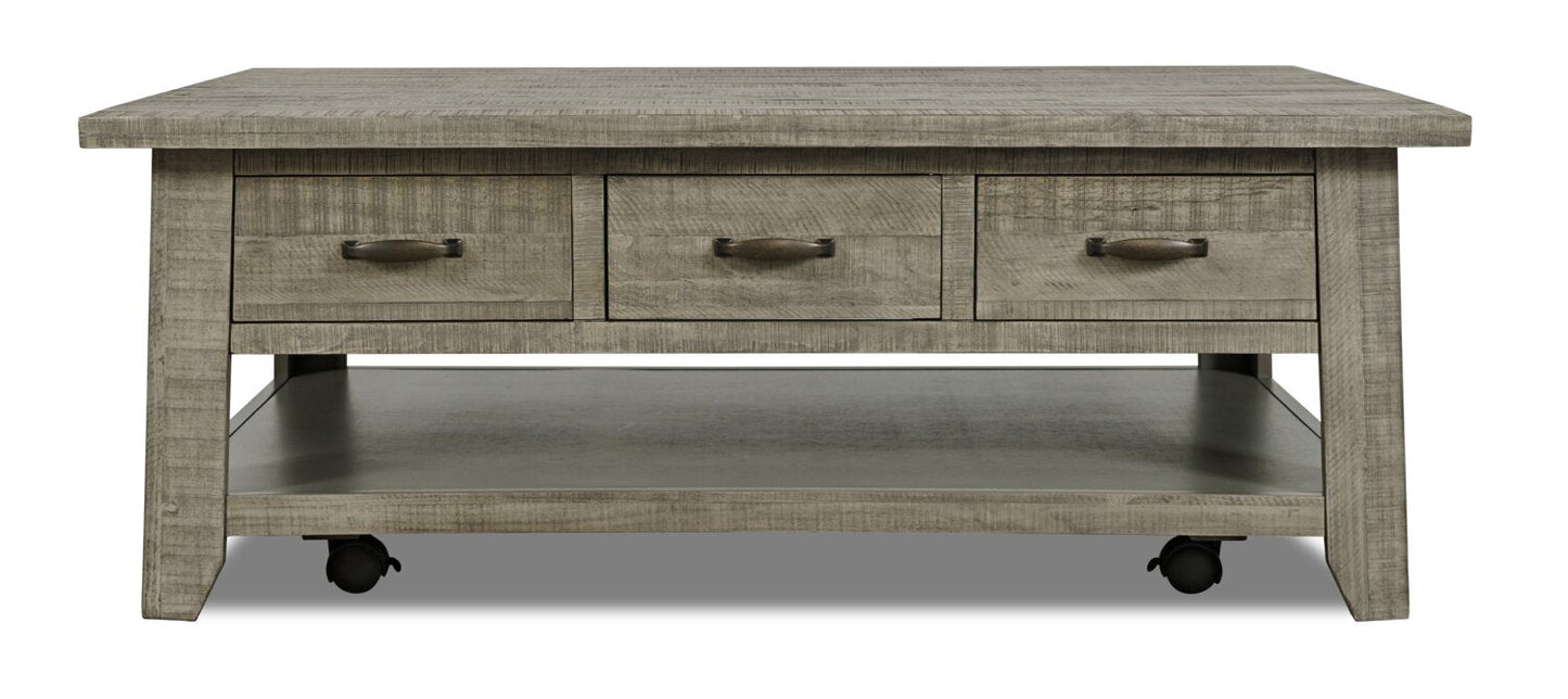 Colson 50" Rustic Coffee Table with Storage, Shelf and Casters - Driftwood |Table à café rustique Colson de 50 po avec rangement, tablette et roulettes - bois de grève