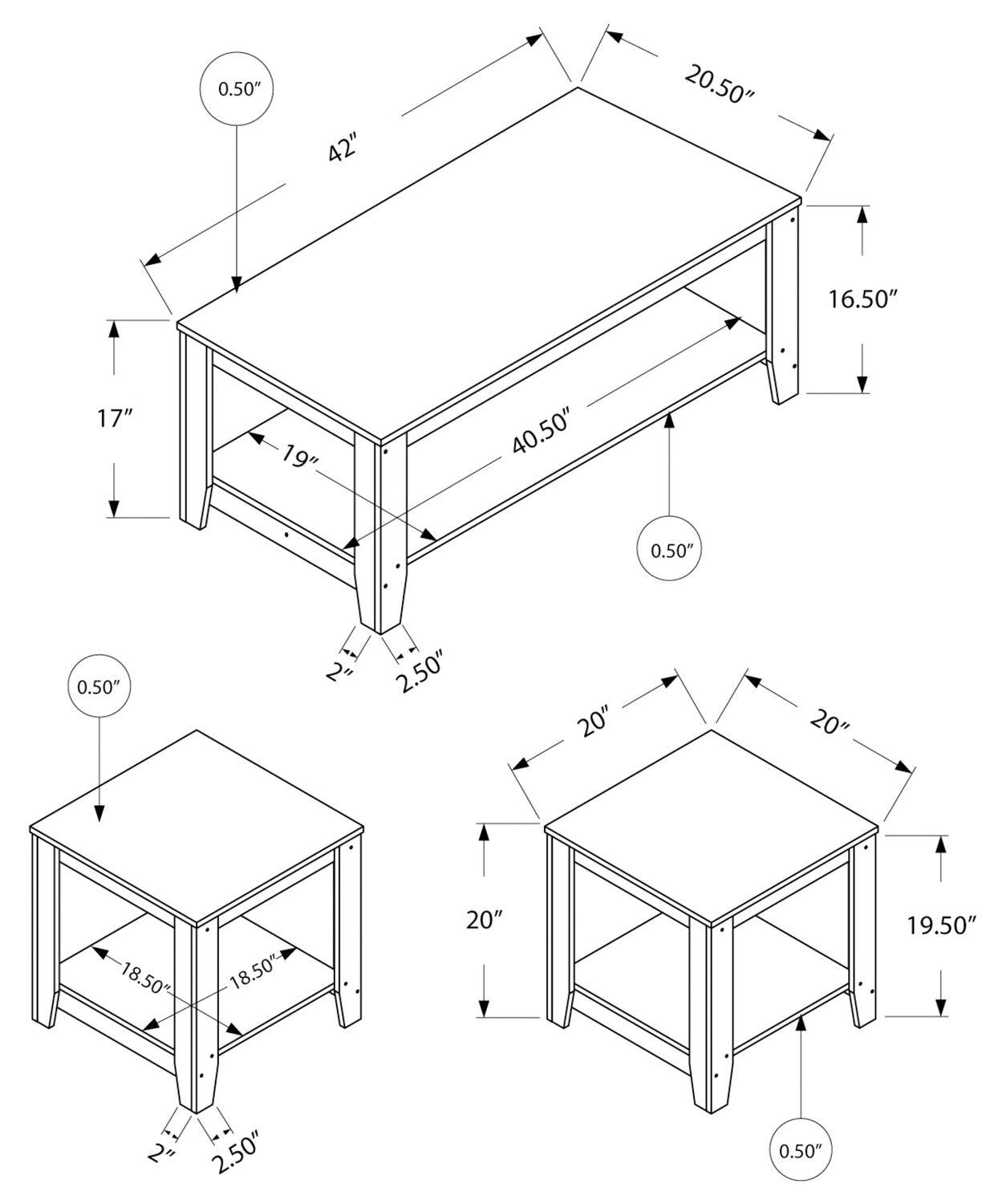 Lincoln 42" Traditional 3-Pack Coffee + 2 End Tables with Shelf - Grey |Ensemble 3 tables traditionnelles Lincoln de 42 po (table à café et 2 tables de bout) avec tablette - gris