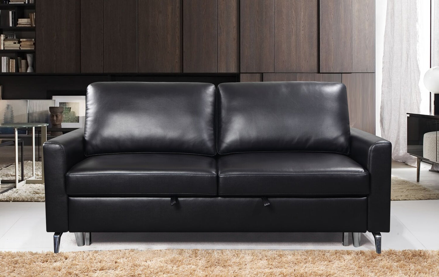 Wilson 77.5" Leather-Look Fabric Sleeper Sofa with Drop-Down Back Cushions and Metal Legs - Black | Sofa-lit Wilson de 77,5 po en tissu d’apparence cuir avec coussins de dossier rabattables et pattes en métal - noir