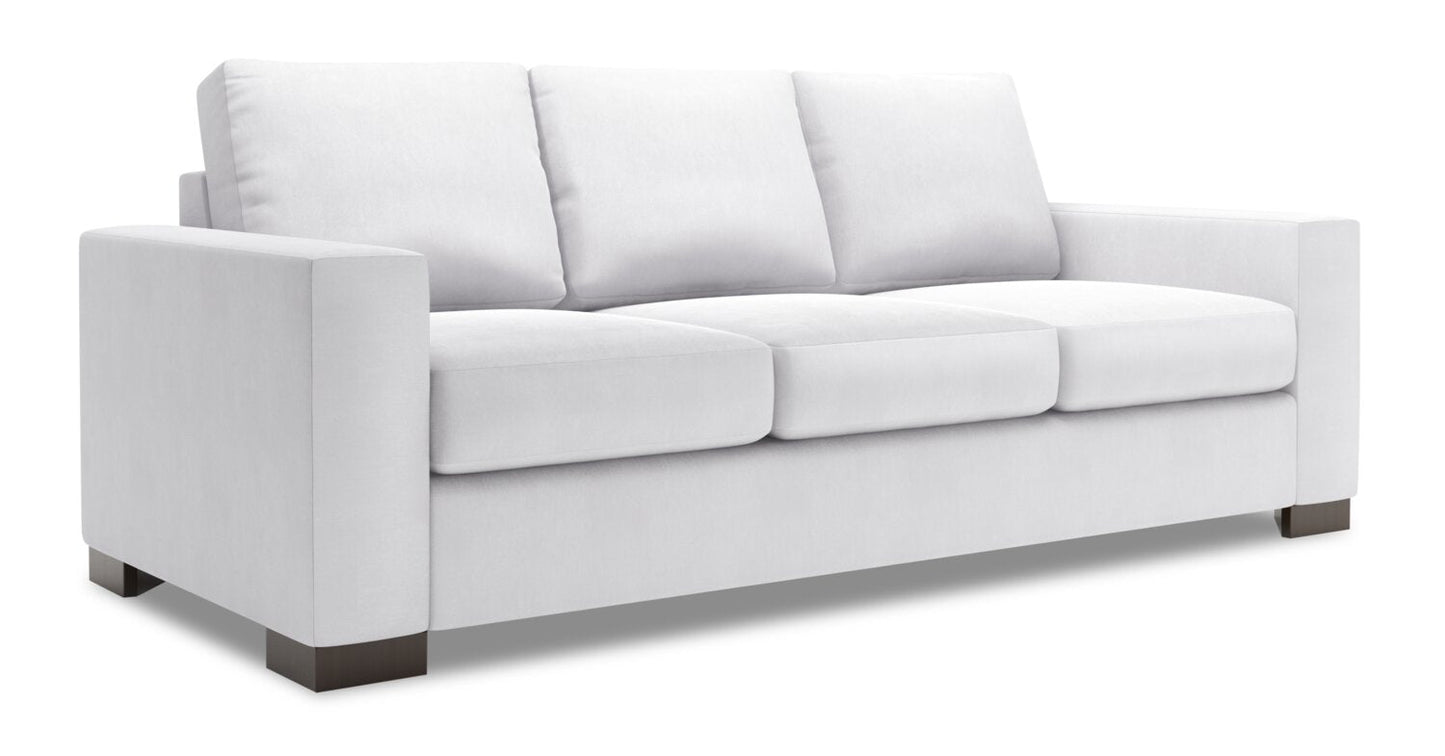 Made in Canada Customizable Sofa Lab Track 85" Linen-Look Fabric Sofa with Track Arms - Pax Ice White | Sofa Track de Sofa Lab de 85 po fabriqué au Canada en tissu d’apparence lin avec accoudoirs rectilignes - blanc Pax Ice | TR103449